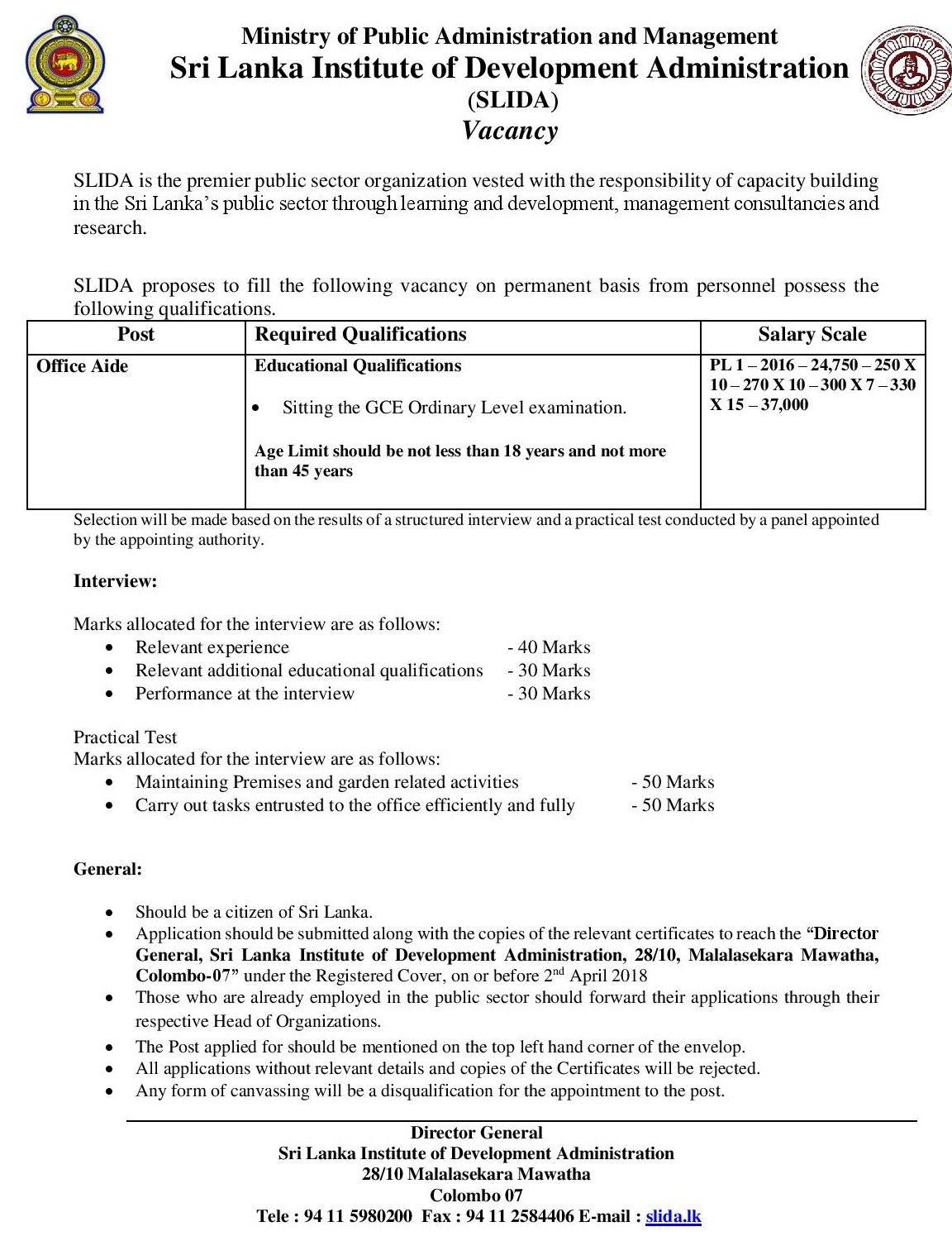 Office Aide - Sri Lanka Institute of Development Administration (SLIDA)